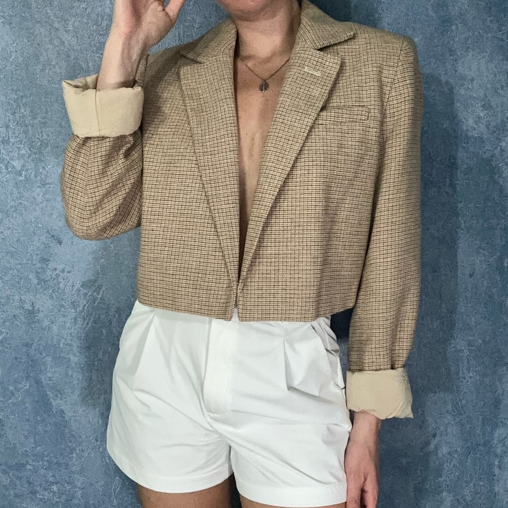 Cropped Tan Plaid Blazer Jacket - Women's Tailored Cropped Blazer